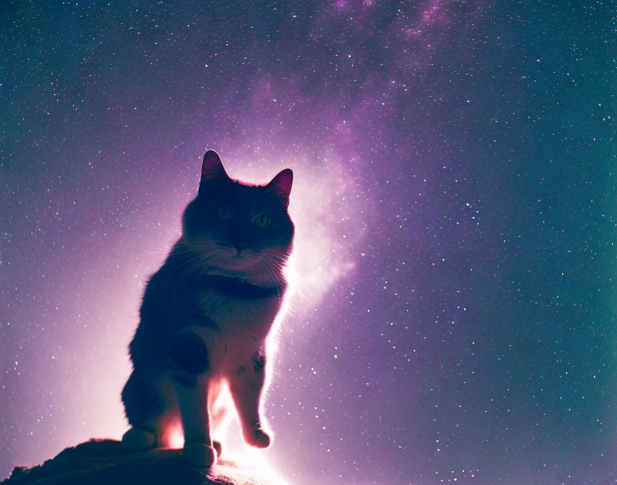 Cat Silhouetted on Rock Against Starry Sky in Pink and Purple Hues
