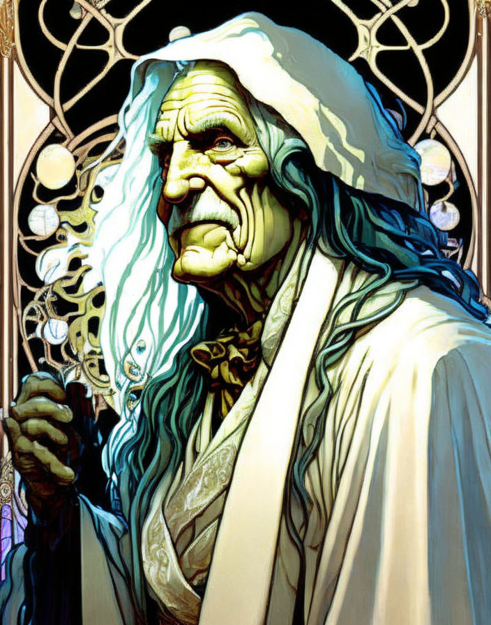 Elderly Man in White Robe Holding Staff with Moon Stained Glass Backdrop