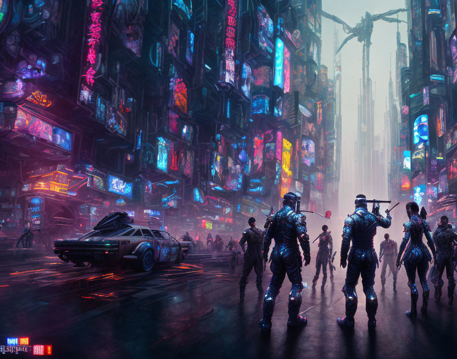 Futuristic neon-lit cityscape with flying cars and armored figures in heavy rain