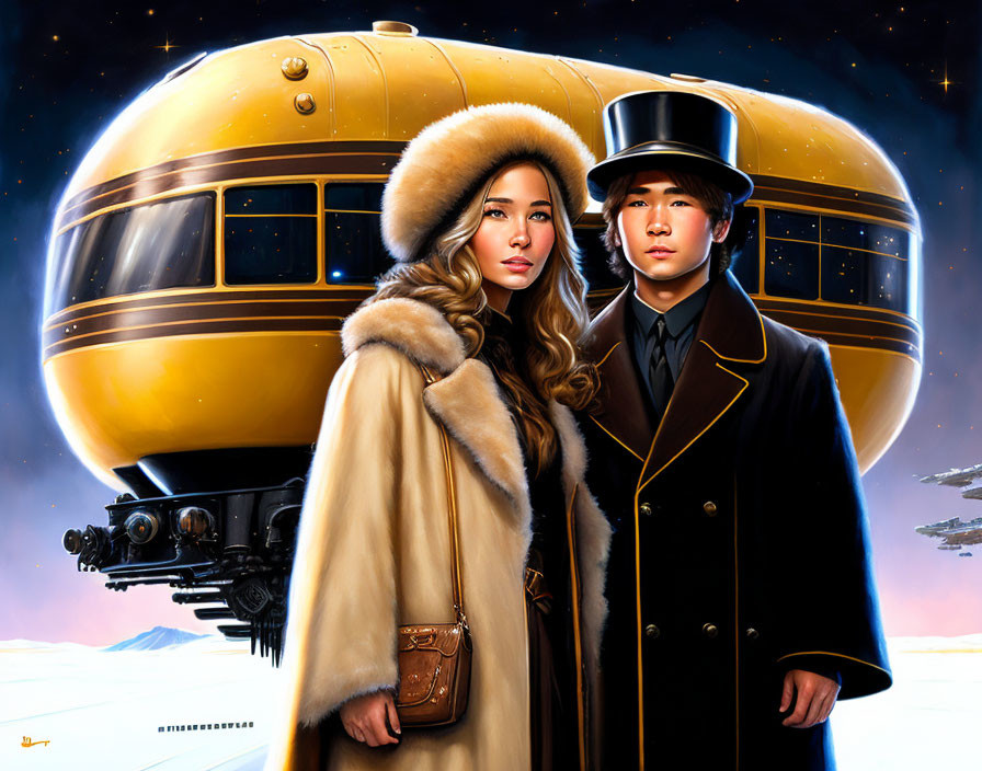Vintage luxury attire man and woman with golden retro-futuristic train illustration