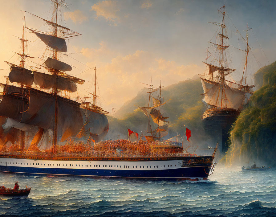 Naval scene with tall ships and steam vessel under warm sunlight.