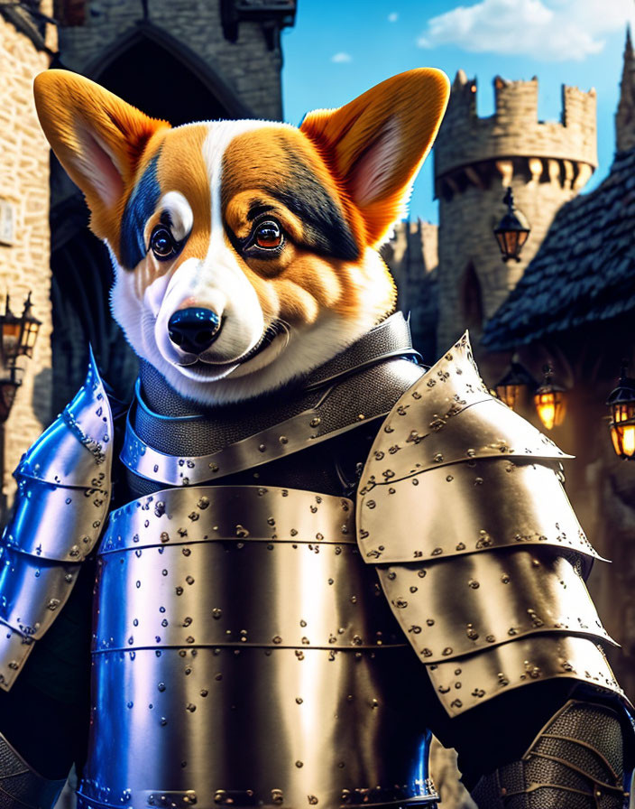 Corgi Dog in Medieval Knight Armor at Castle