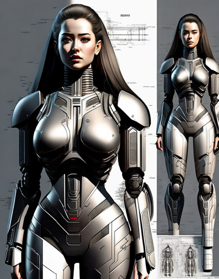 Detailed futuristic female character in metallic body armor against design schematics.