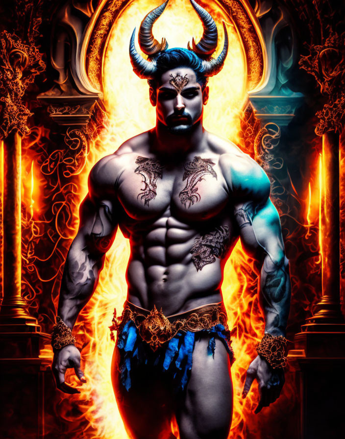 Muscular mythical figure with horns and tribal tattoos in vibrant flames
