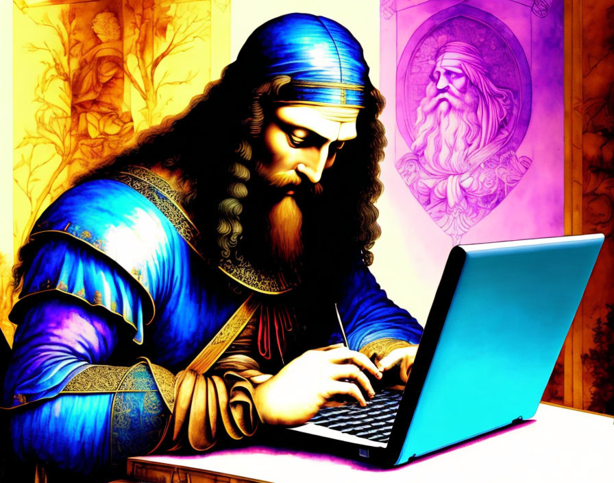 Bearded man in medieval attire using laptop on vibrant background