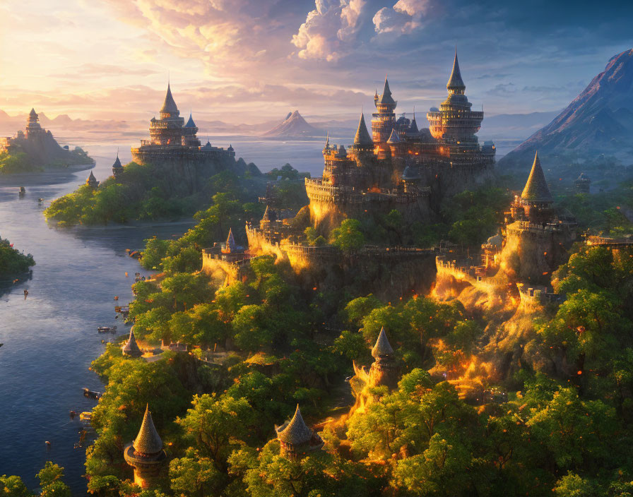 Majestic fantasy landscape with castle-like structures, lush greenery, water, mountains, and golden