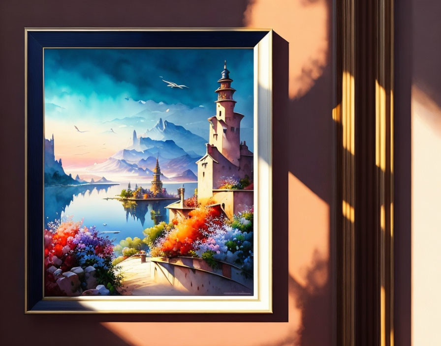 Colorful Lakeside Town Painting with Mountains, Flowers, and Bird Displayed on Wall
