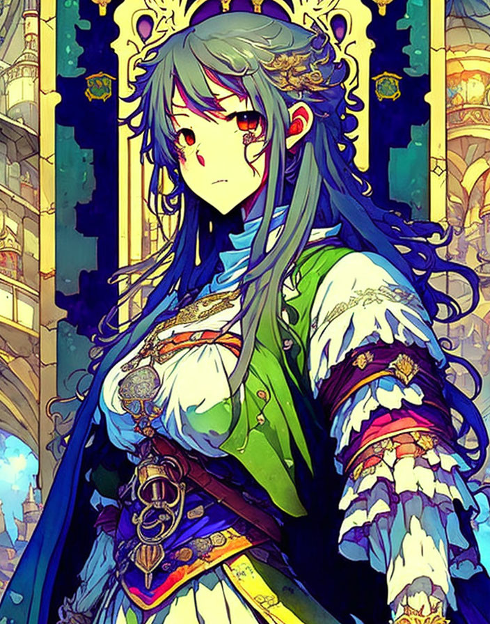 Illustrated character with teal hair and red eye in regal outfit against ornate architecture