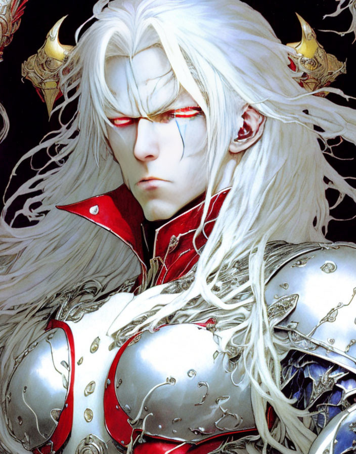 Illustration of character with long white hair, red eyes, silver armor, gold horns, red details
