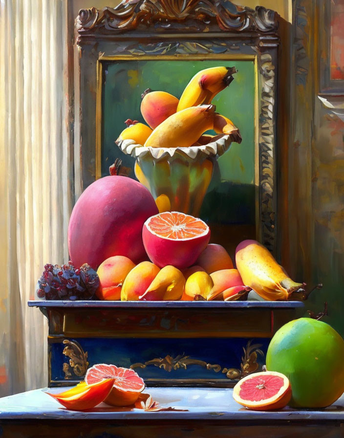 Colorful still life painting of assorted fruits on table with classical frame