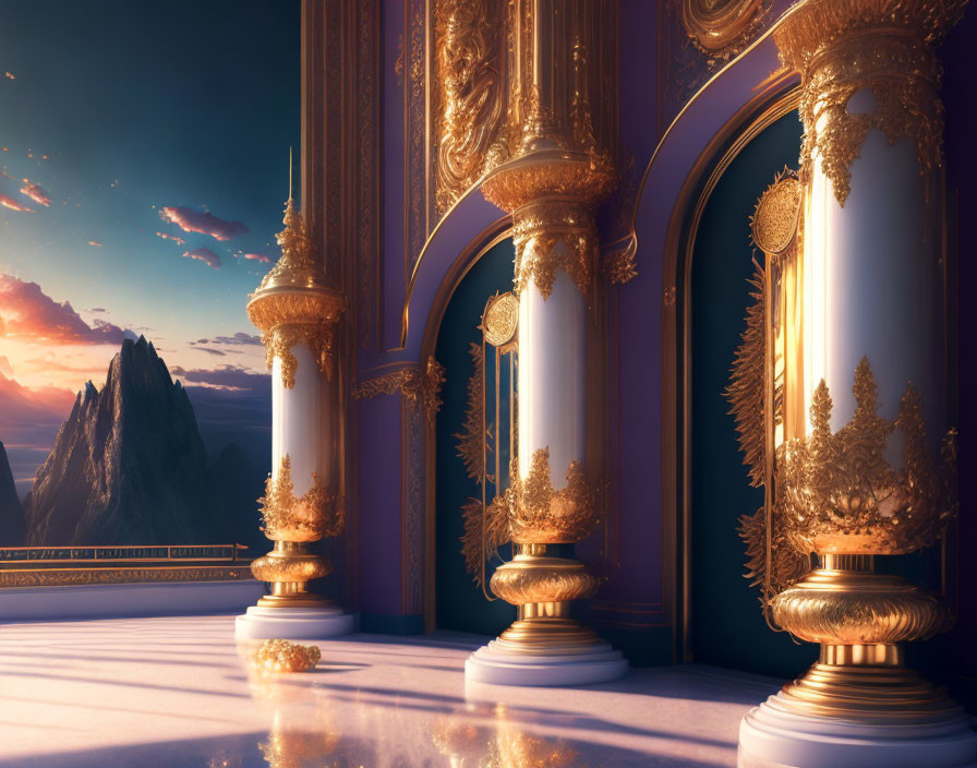 Opulent Golden Balcony with Ornate Columns and Mountain Sunset View