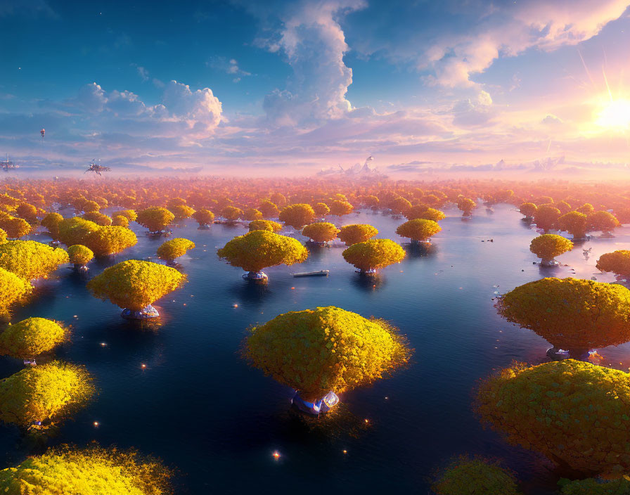 Tranquil landscape with spherical yellow trees by blue water