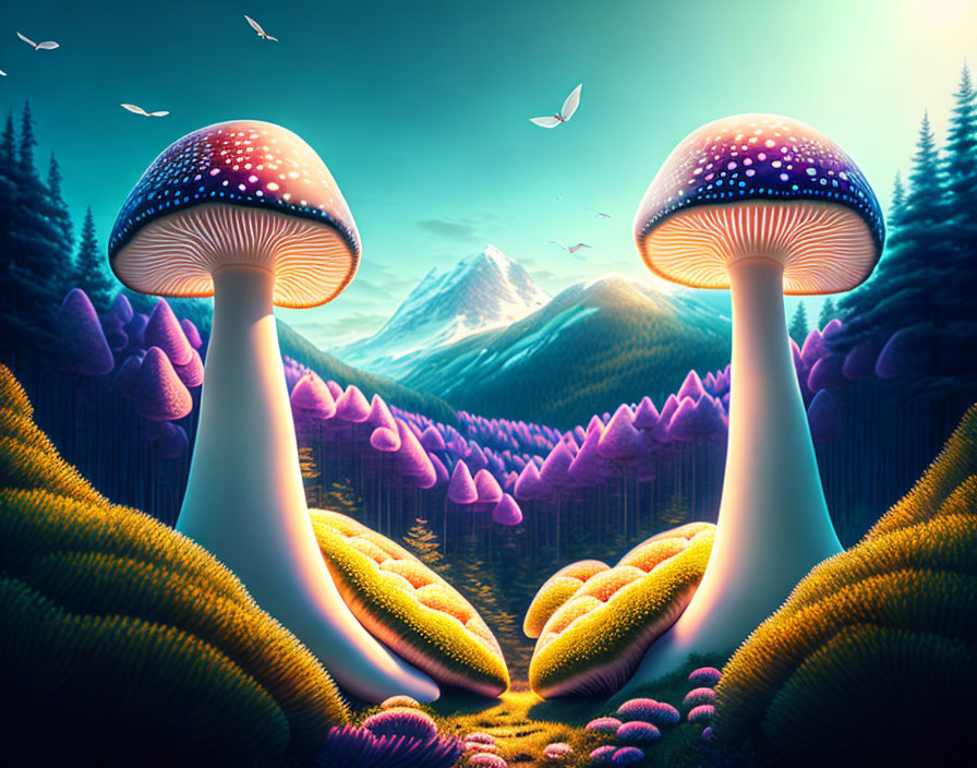 Fantasy landscape with giant glowing mushrooms, mountain, colorful flora, and butterflies