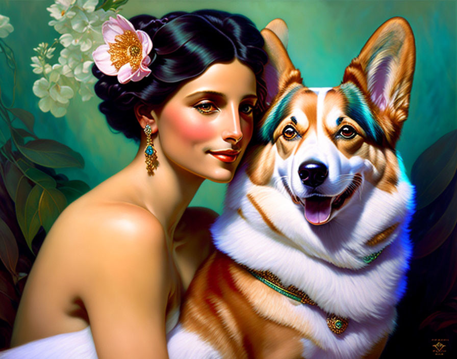 Dark-Haired Woman with Flower and Smiling Corgi on Teal Background