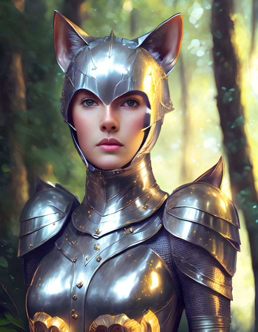 Mystical warrior in metallic armor in sunlit forest