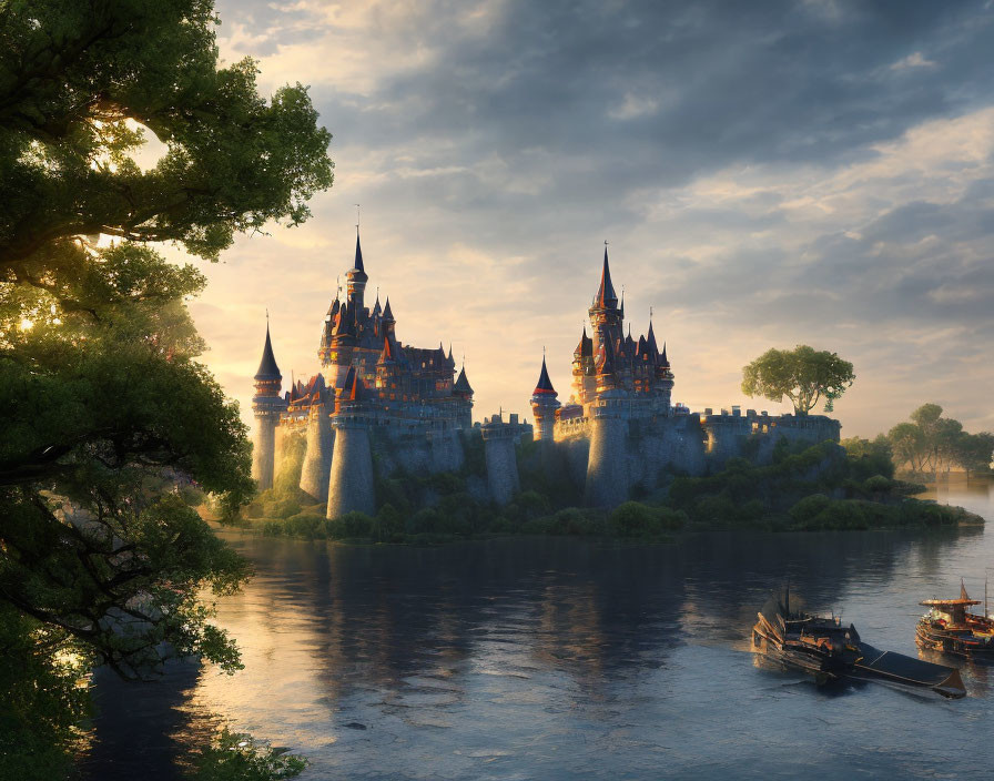 Enchanting castle at sunrise with lush forest and river scene