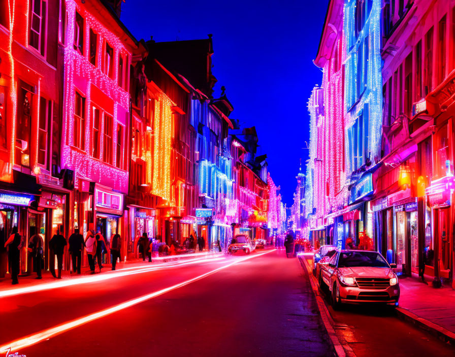 Colorful Night City Street with Neon Lights and People Walking