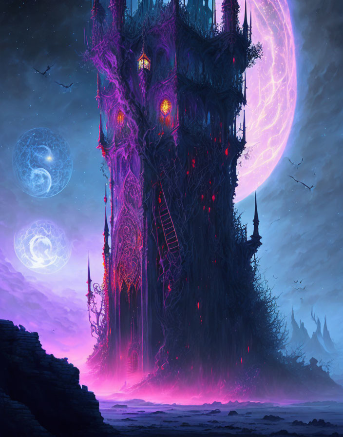 Gothic castle in mystical landscape with pink and blue moons