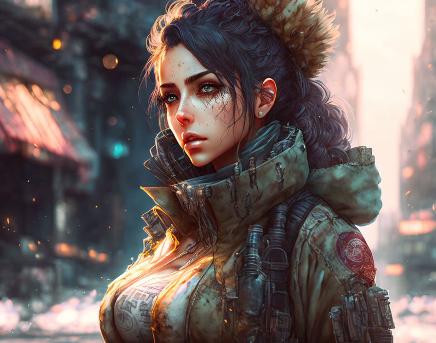 Digital artwork: Woman with freckles in fur-lined jacket in snowy urban setting