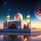 Majestic Mosque with White Domes and Golden Crescents in Twilight Sky