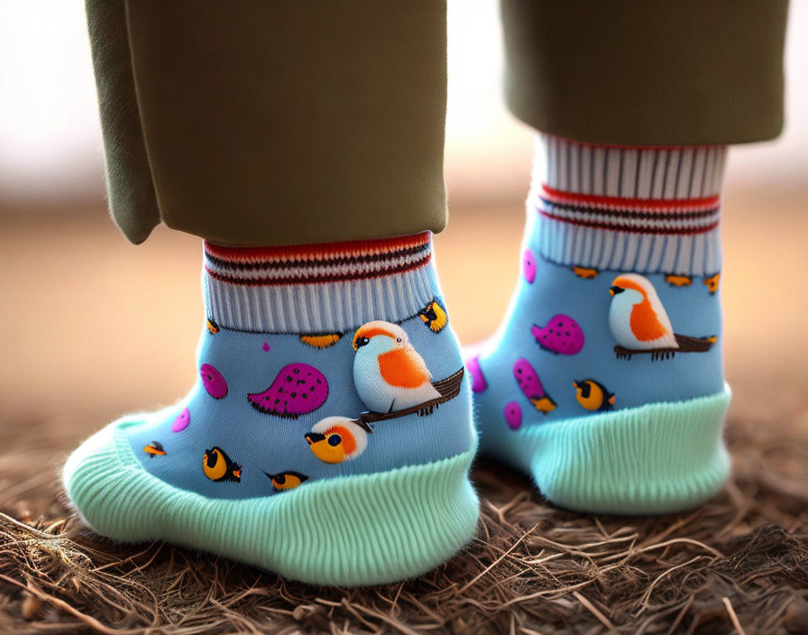Colorful bird and fruit pattern socks on person standing on twig-covered ground
