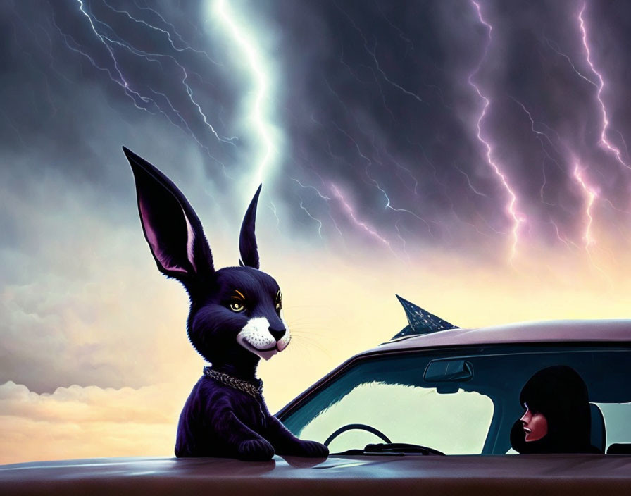 Illustration of black rabbit on car hood under stormy sky