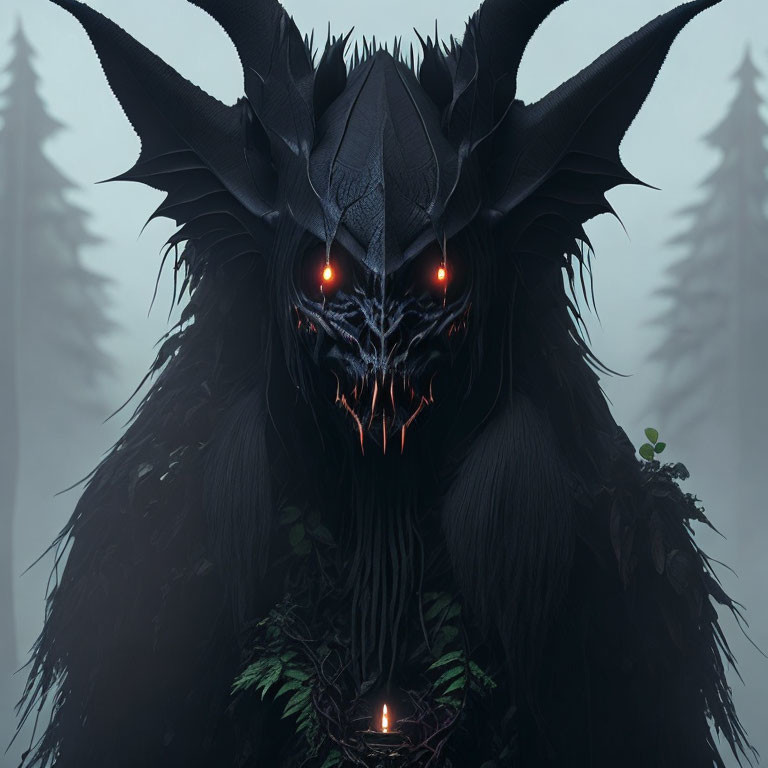 Majestic horned creature with candle in misty forest