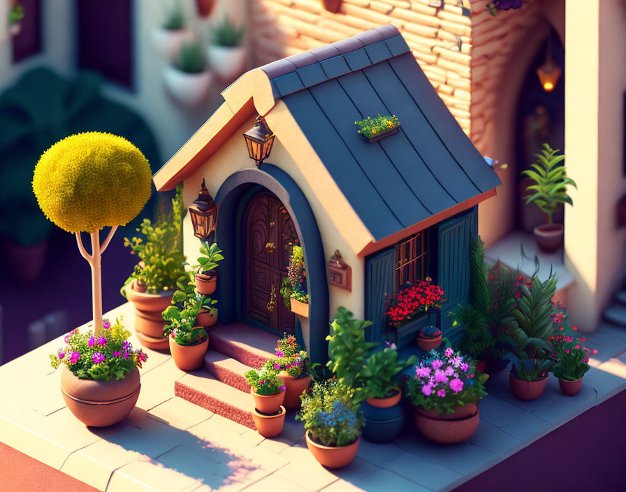 Miniature blue-roof house with potted plants, flowers, and stylized tree under warm lighting
