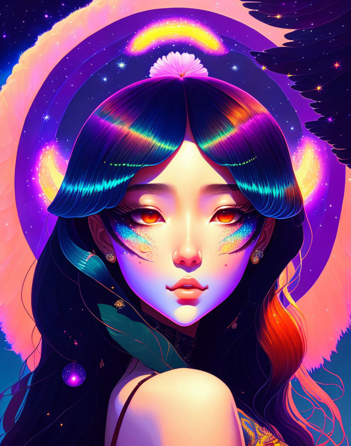 Young woman with iridescent hair and makeup in cosmic digital art