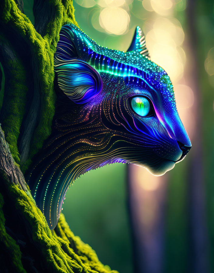 Luminous mythical cat-like creature in blue and purple hues by mossy tree