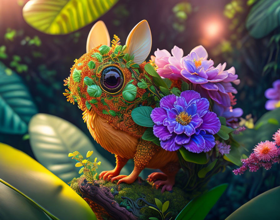 Colorful creature with large eyes and orange fur in lush foliage