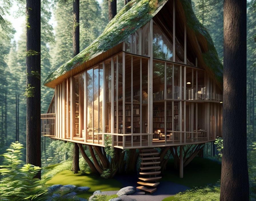Contemporary treehouse with glass windows, spiral staircase, and serene forest setting