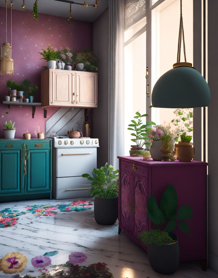 Teal and Purple Kitchen with Floral Floor and Hanging Plants