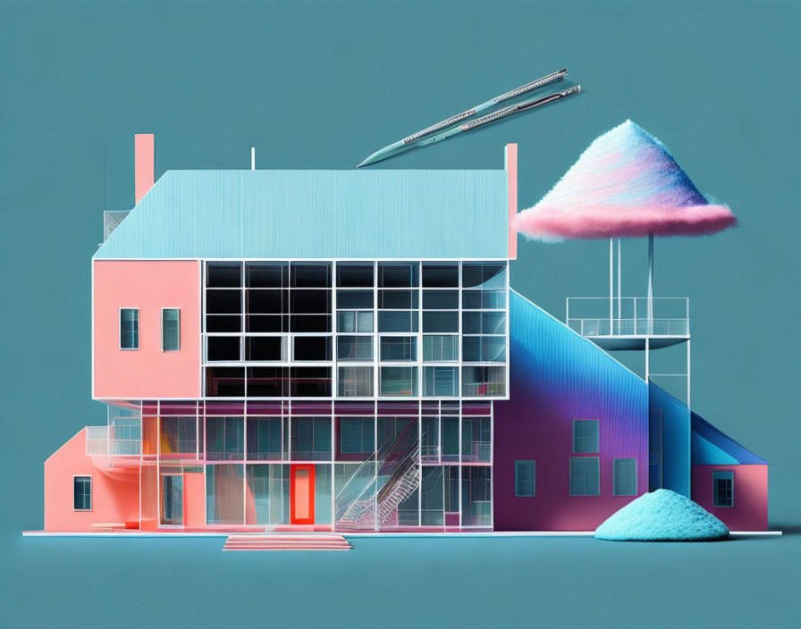 Contemporary digital art: Stylized architectural structure with pastel colors & playful elements