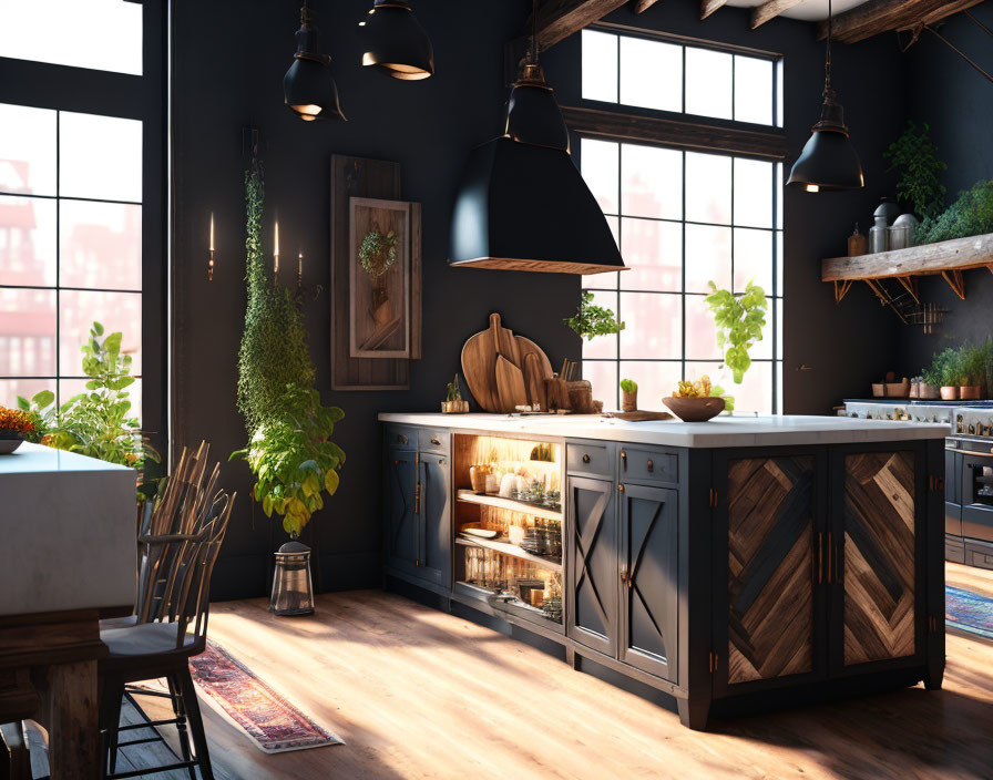 Sunlit Kitchen with Dark Cabinets and Rustic Decor