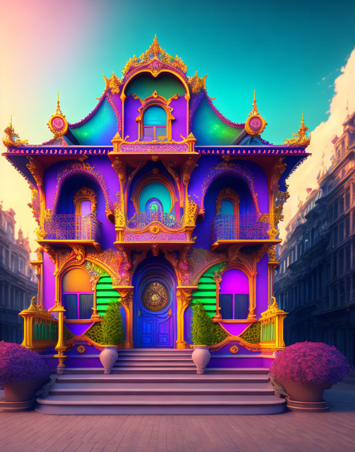 Fantasy building in purple and gold hues on European-style street
