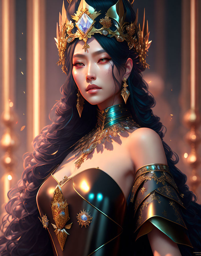 Regal woman digital artwork with golden crown and dark outfit