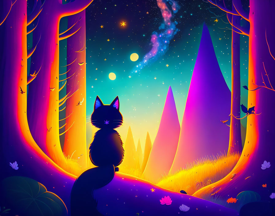 Colorful forest glade with glowing trees and starry sky featuring a cat silhouette.