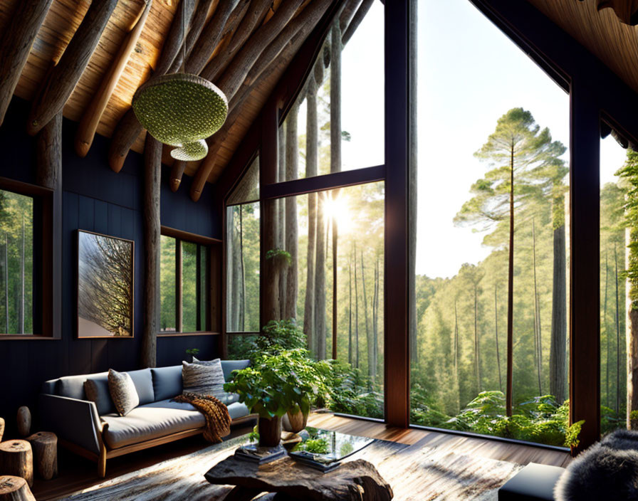 Tranquil Cabin Interior with Forest View and Cozy Sofa