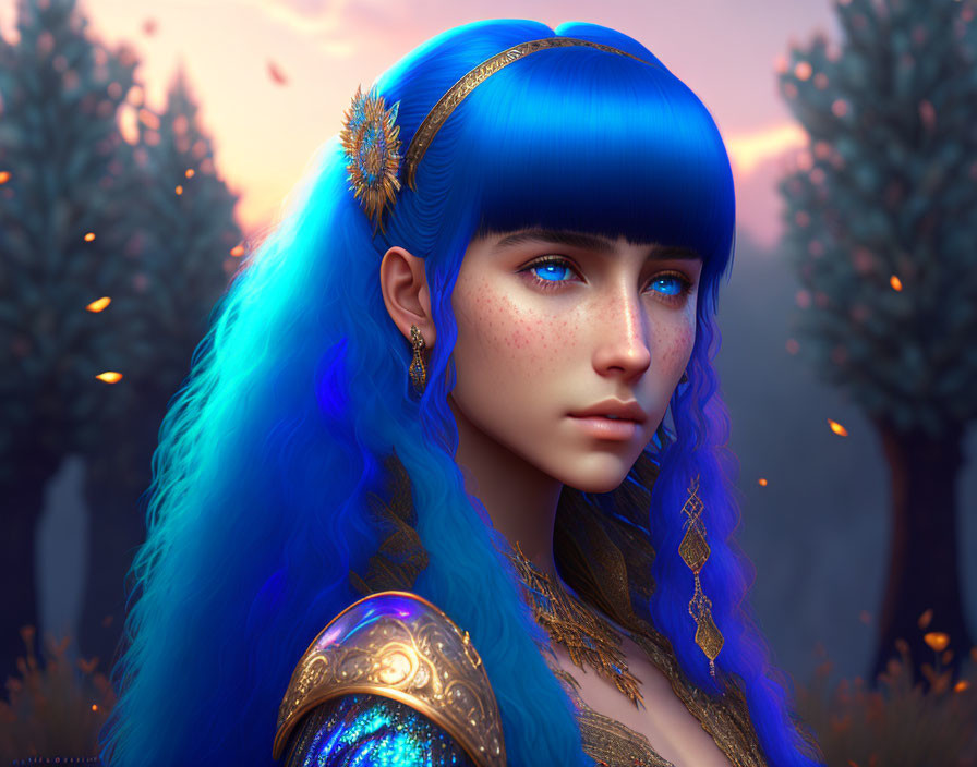 Vibrant blue-haired woman with golden headgear in detailed armor, against dusky forest.