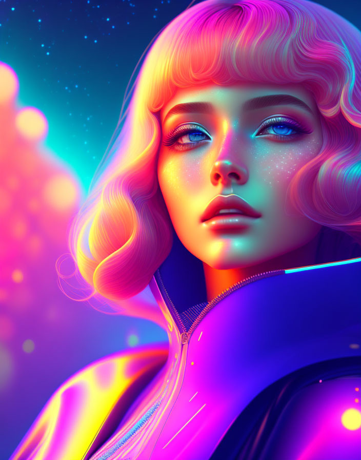 Blonde woman with glowing blue eyes on neon pink and blue background