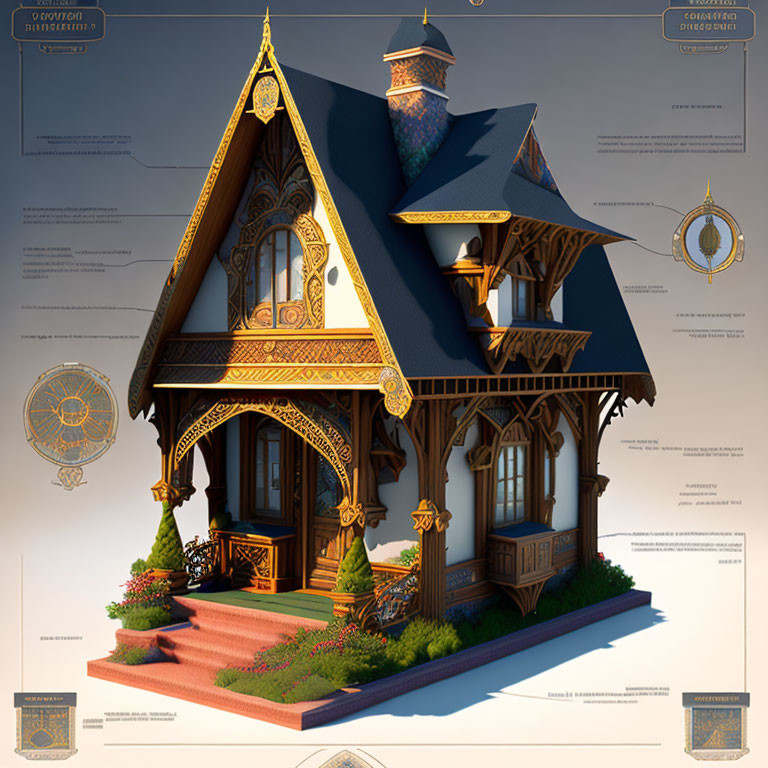 Detailed 3D Illustration of Whimsical Victorian-Style House