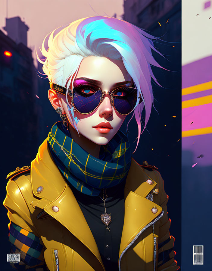 Animated character with white hair, sunglasses, yellow jacket, and scarf in cityscape at twilight
