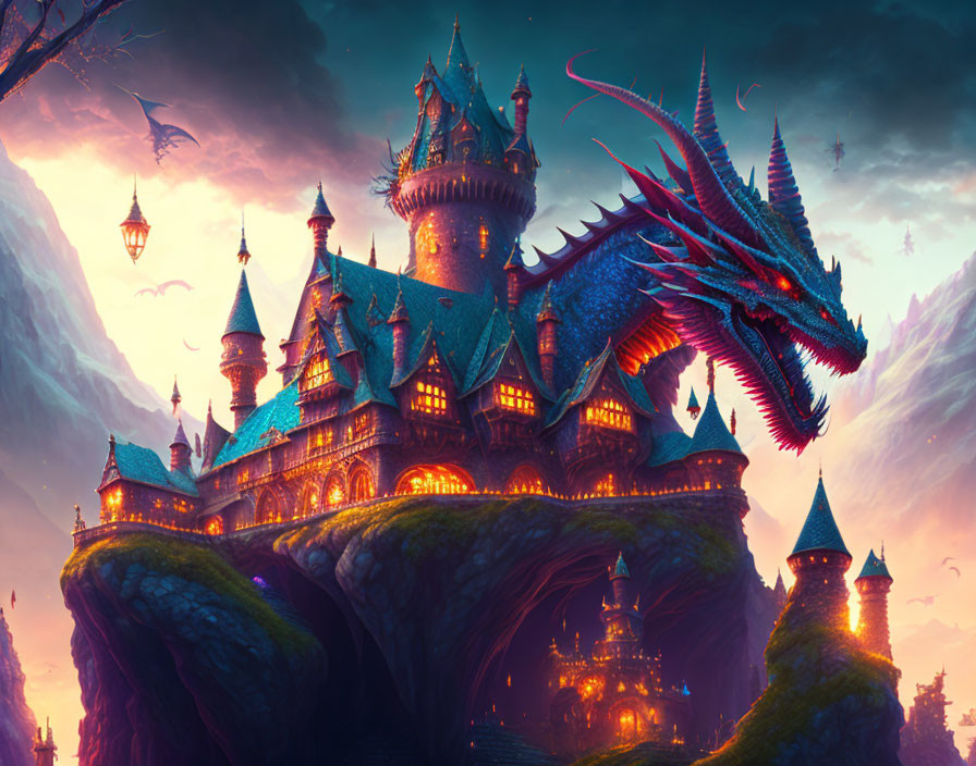 Mystical castle on rocky cliff with red dragon in twilight sky