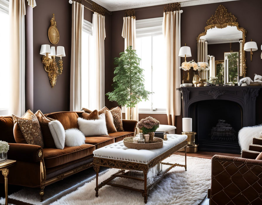 Sophisticated living room with chocolate brown walls, gold-framed mirrors, white fireplace, brown leather