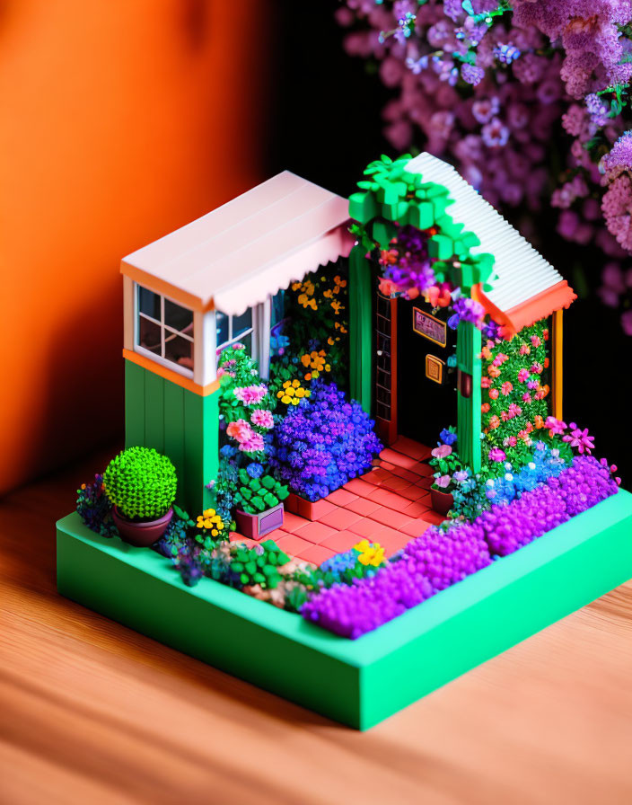 Colorful Tiny House Model Surrounded by Flowers and Greenery