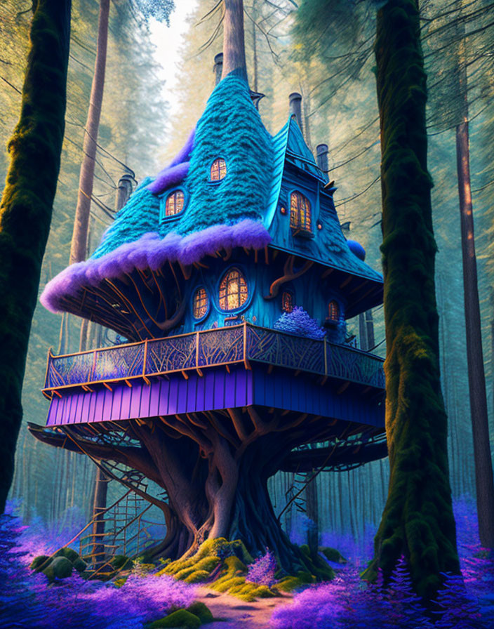Blue-roofed treehouse in mystical forest with tall trees and purple foliage