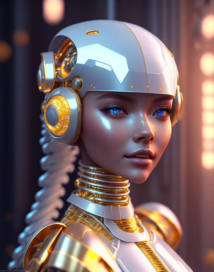 Futuristic female android in white and gold armor with mechanical neck rings and headset