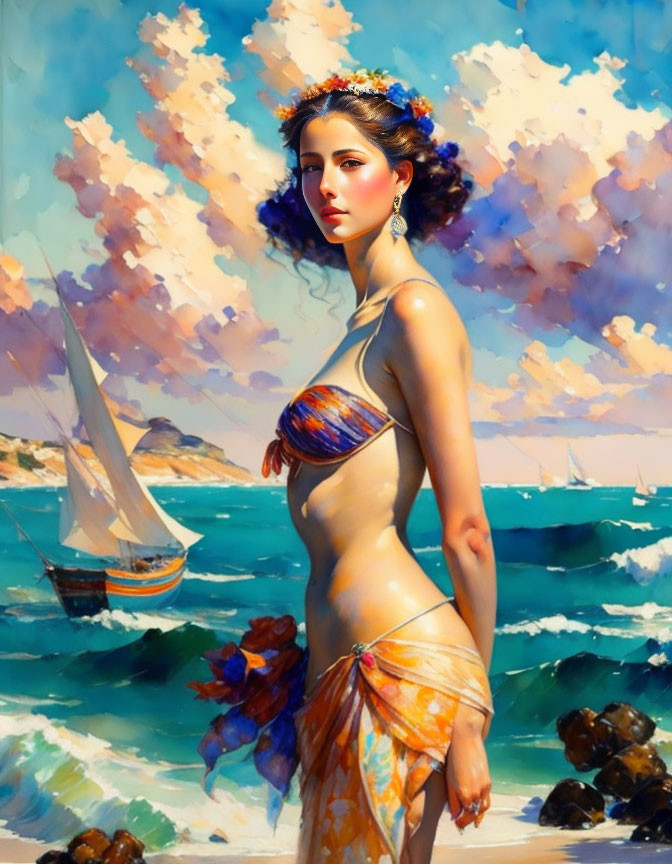 Woman in Floral Headpiece and Draped Dress on Coastal Background with Sailboat