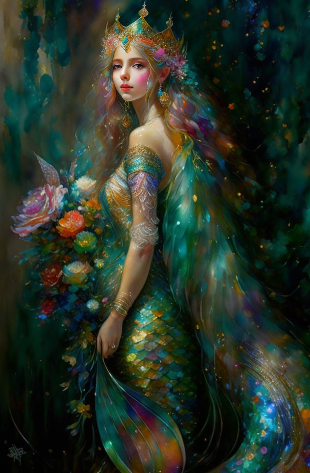 Colorful Mermaid Queen Portrait with Flowing Tail and Ornate Crown
